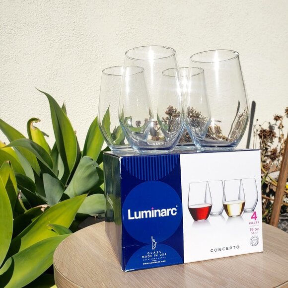 NEW set of 4 Luminarc glass stem less wine glasses cups Barware 19 ounces oz - Picture 1 of 7